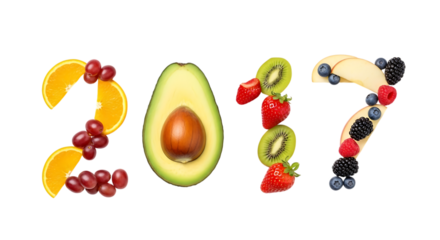 The Year 2017 Formed by Fresh Fruits and Berries on a Black Background number isolated on a transparent background