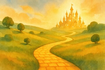 Naklejka premium Watercolor golden brick road winding toward a luminous distant city under sunrise