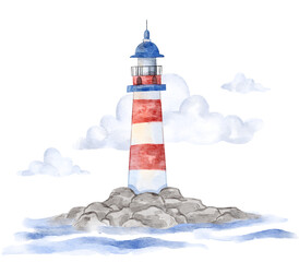 Lighthouse above the sea with clouds. Watercolor illustration for kid's wall art, and print. 