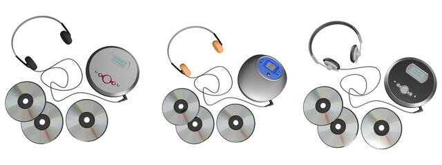 set of retro-style portable CD player with blue details and headphones on a transparent background. Front view, angled view, side view, perspective view. Disc player.