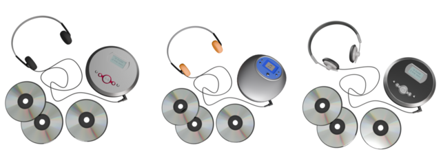 set of retro-style portable CD player with blue details and headphones on a transparent background. Front view, angled view, side view, perspective view. Disc player.