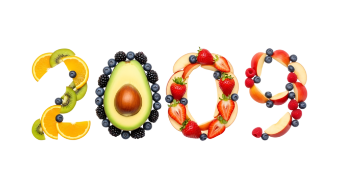 Year 2009 Composed of Fresh Fruits on a Black Background Keywords: 2009, year, number, fruit, fruits, fresh, healthy, food, organic, natural isolated on a transparent background