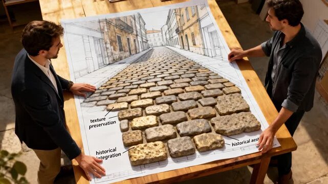 Medium shot capturing cobblestone street layout planning with architects discussing texture and historical aesthetic integration.