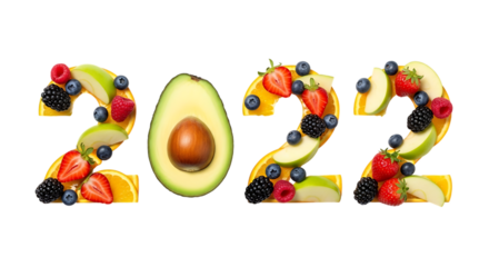 Year 2022 Composed of Fresh Fruits and Avocado on a Black Background food isolated on a transparent background