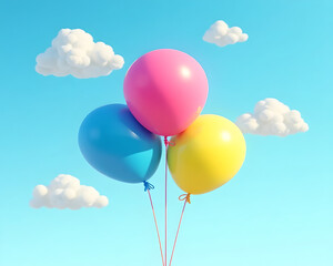 Three brightly colored balloons (pink, blue, yellow) float in a clear blue sky