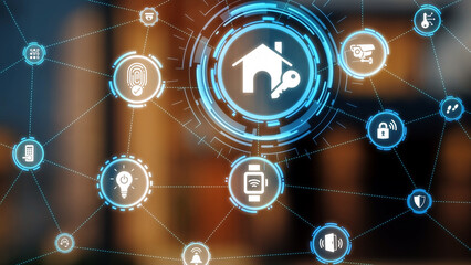 Home security icons show smart home, surveillance, and safety devices. Home security ensures...