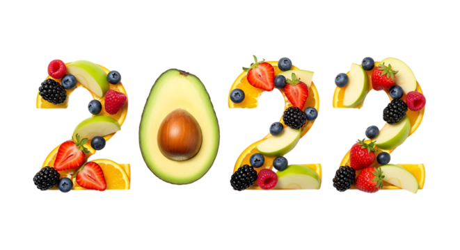Year 2022 Composed of Fresh Fruits and Avocado on a Black Background food isolated on a transparent background