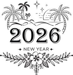 Tropical New Year 2026 Vector Sunset Palm Illustration
