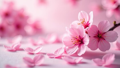 Fototapeta premium Delicate pink cherry blossoms, scattered petals, soft background, white petals, texture
