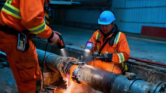 Emergency response team employing thermal leak detection tools to quickly identify and fix burst pipe damage under urgent conditions.