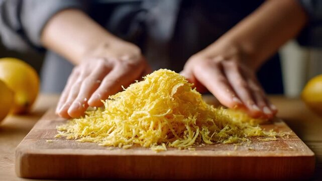 Medium shot of a person carefully grating lemon zest over a wooden cutting board showcasing the fine texture and vibrant yellow color for culinary use.