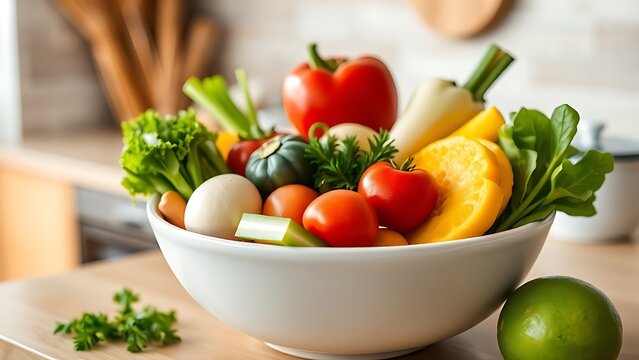 Assortment of fresh vegetables and fruits in a bowl, healthy diet concept.