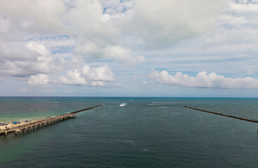 Panorama of Miami Beach with turquoise waters. Drone shot of Miami skyline. Top view of South Beach. Miami cityscape with luxury skyscrapers and ocean. View of Miami famous coastline.