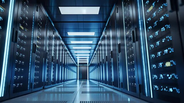 Modern data center server room with glowing blue lights. Rows of computing racks symbolize global connectivity, digital infrastructure, cloud technology, and big data.
