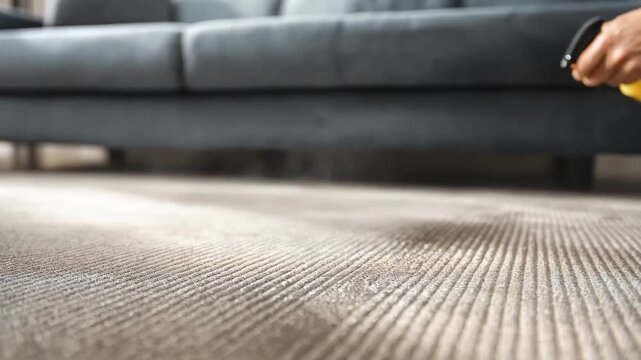 Medium frame showing a homeowner using a hypoallergenic carpet spray on a textured carpet to minimize dust mite and pet dander buildup.