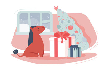 New Year cartoon illustration with little red horse icon, big gift boxes. Decorated holiday room. Pastel color childish design. 2026 celebration card. Fire horse sign. Funny festive winter art concept