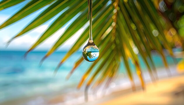 Tropical Christmas Ornament Reflecting Beach Scene Hangs From Palm Frond Overlooking Turquoise Ocean Waters and Golden Sandy Shoreline on a Sunny Day