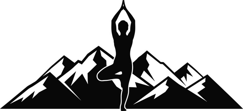 Silhouette of a woman in yoga pose against a mountain range, symbolizing harmony and nature