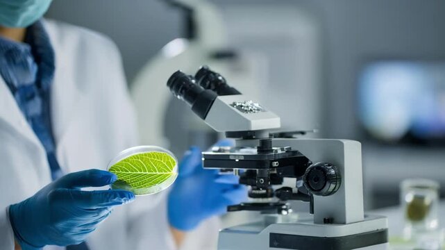 Lab technician analyzing citrus leaf samples under a microscope to identify bacterial infections in a modern laboratory.