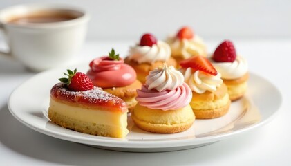 Elegant pastry display, delicate sweets, pure white setting, sugar, cake, vanilla