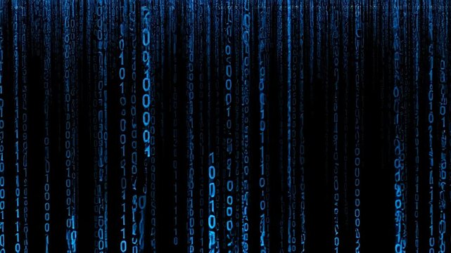 Streaming blue binary code on dark digital screen, data flow concept for modern technology and data protection