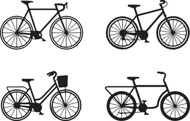 bicycle road mountain city cargo minimalist silhouette vector icons set