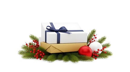 Festive christmas gifts stacked on a bed of evergreen branches, adorned with red berries and ornaments, isolated on white background a delightful holiday scene