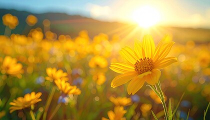 Golden yellow wildflowers bloom under a bright sunrise with sunbursts over a grassy hill and blue sky in the distance