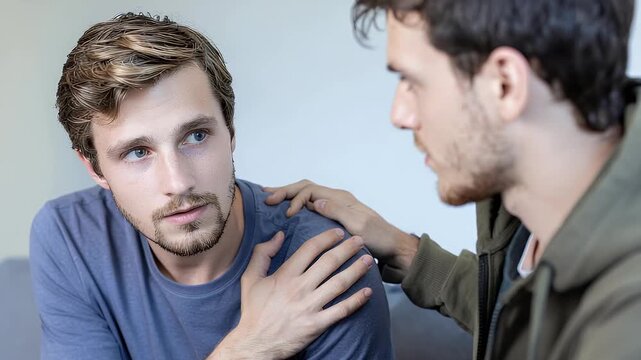 Friend comforting a distressed man, offering emotional support and understanding. Empathy, mental health, and human connection during vulnerability.