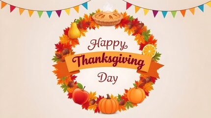 A festive happy thanksgiving day wreath adorned with autumn leaves, fruits, and a pie, set against a soft background a warm seasonal greeting