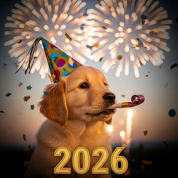 Chiot golden retriever f&ecirc;te la nouvelle ann&eacute;e 2026 avec chapeau, cotillons et feux d&rsquo;artifice en arri&egrave;re-plan festif

