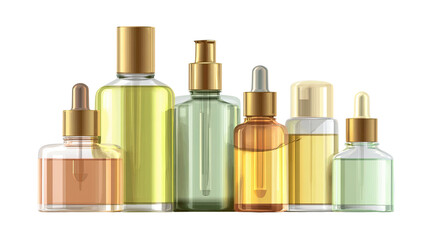 Elegant bottles of perfume with luxurious fragrance containers and aromatic glass design arrangement for beauty presentation isolated on white background