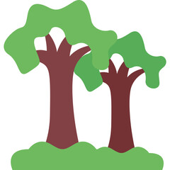 Two Stylized Trees with Green Foliage and Brown Trunks Set Against a Transparent Background with Green Ground Cover