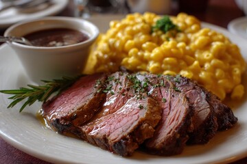 Exquisite gourmet meal features sliced tenderloin steak, creamy mac and cheese, and rich brown