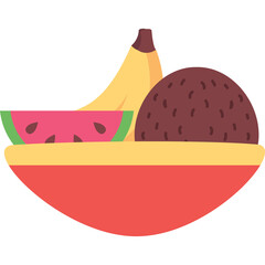 Vibrant Flat Illustration of Tropical Fruits Banana Coconut Slice of Watermelon in a Red Bowl with Yellow Accent on Transparent Background