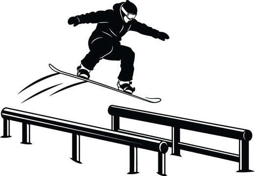 Snowboarder performing a trick a rail black and vector illustration