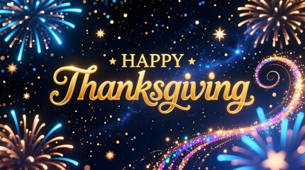 Happy thanksgiving celebration with golden text, sparkling fireworks, and festive lights on dark blue background, a joyful and elegant design