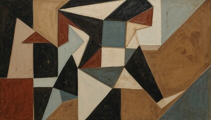Human figure depicted in motion using cubist angular shapes and overlapping planes. Palette: burnt sienna, ochre, muted blue, and graphite black, strong brush texture.