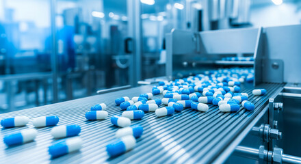 Obraz premium Blue Capsules are Moving on Conveyor at Modern Pharmaceutical Factory. Tablet and Capsule Manufacturing Process. Close-up Shot of Medical Drug Production Line.