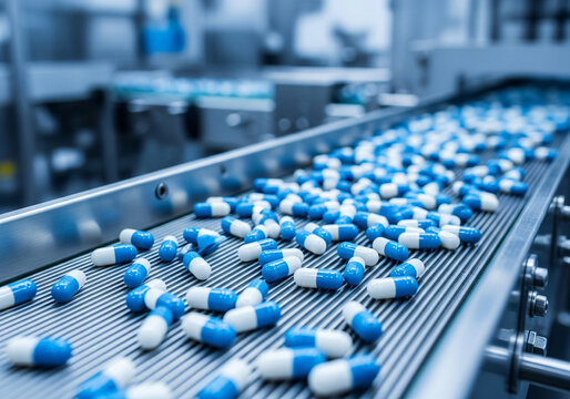 Blue Capsules are Moving on Conveyor at Modern Pharmaceutical Factory. Tablet and Capsule Manufacturing Process. Close-up Shot of Medical Drug Production Line.