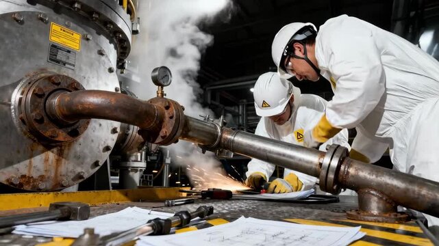 Closeup of engineers inspecting and installing steam generator replacements during routine nuclear plant servicing operations.