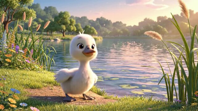 A baby swan practices flying for the first time in a bright and colorful cartoon environment, perfect for children&rsquo;s motivation and learning content.