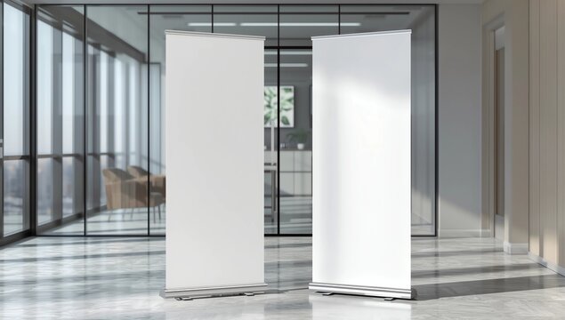 Blank roll up banner stand mock up in modern office. 3d illustration