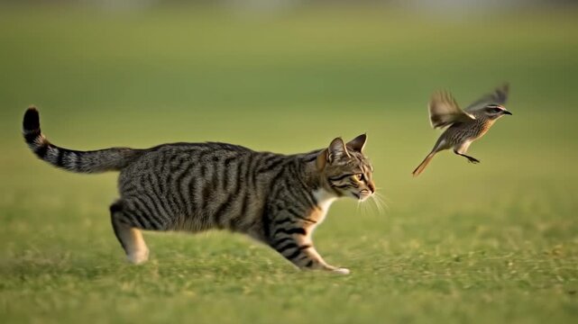 Tabby Cat Chasing a Bird in a Grassy Field.