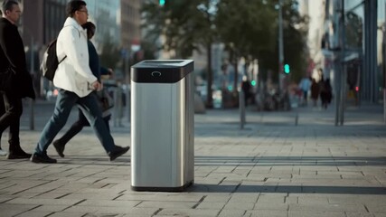 Medium shot of a smart bin sensor detecting waste levels highlighting urban IoT technology enhancing realtime trash monitoring for efficient city sanitation - Powered by Adobe