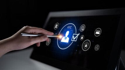Digital KYC verification with biometric scan, ID authentication, and financial security icons...