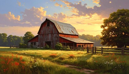 Obraz premium A rustic red barn sits in a sun-drenched field. A wooden fence lines the right as the golden hour glows
