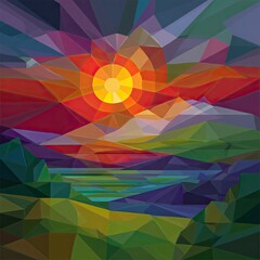 Abstract Polygonal Sunset Landscape With Mountains And Lake