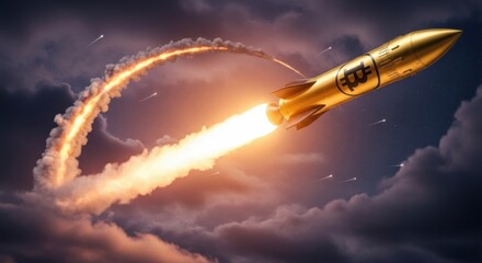Bitcoin Price Rocket: Gold Bitcoin Rocket Launching into Space with Fiery Exhaust and Clouds for Cryptocurrency Growth and Market Success