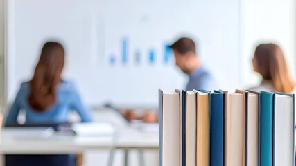 Books in focus, symbolizing knowledge and education, with a blurred backdrop of students or professionals learning and discussing in a modern classroom or office setting. - Powered by Adobe